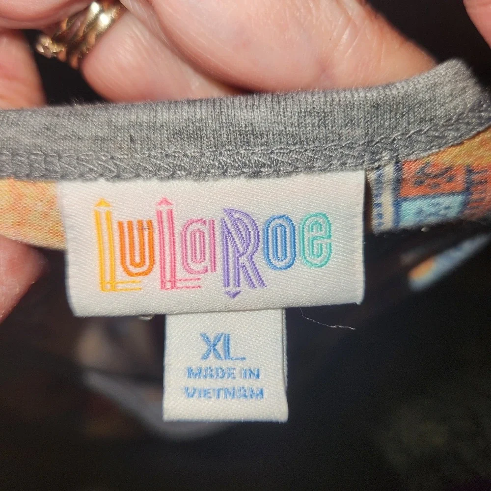 LuLaRoe XL Disney Mickey Mouse Print Raglan Tee Gray Orange Blue Tribal - Picture 2 of 5